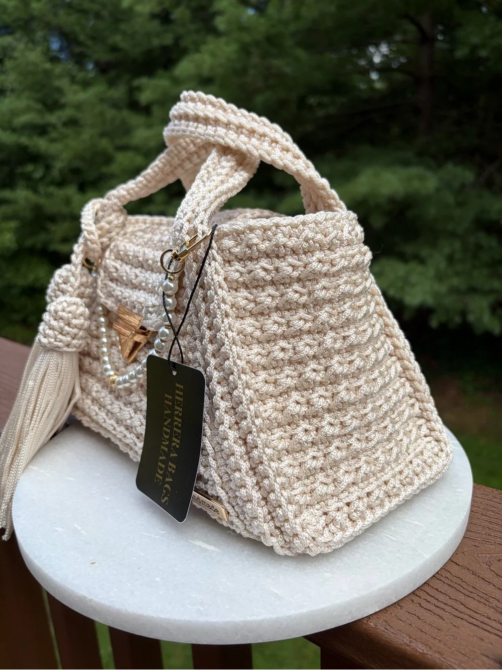 Ivory Crochet Bag, Handmade Boho Purse, Polypropylene Woven Handbag, Tassel